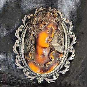 Rare Estate Antique Hand Carved Resin Cameo Brooch Pin in 925 Sterling Silver